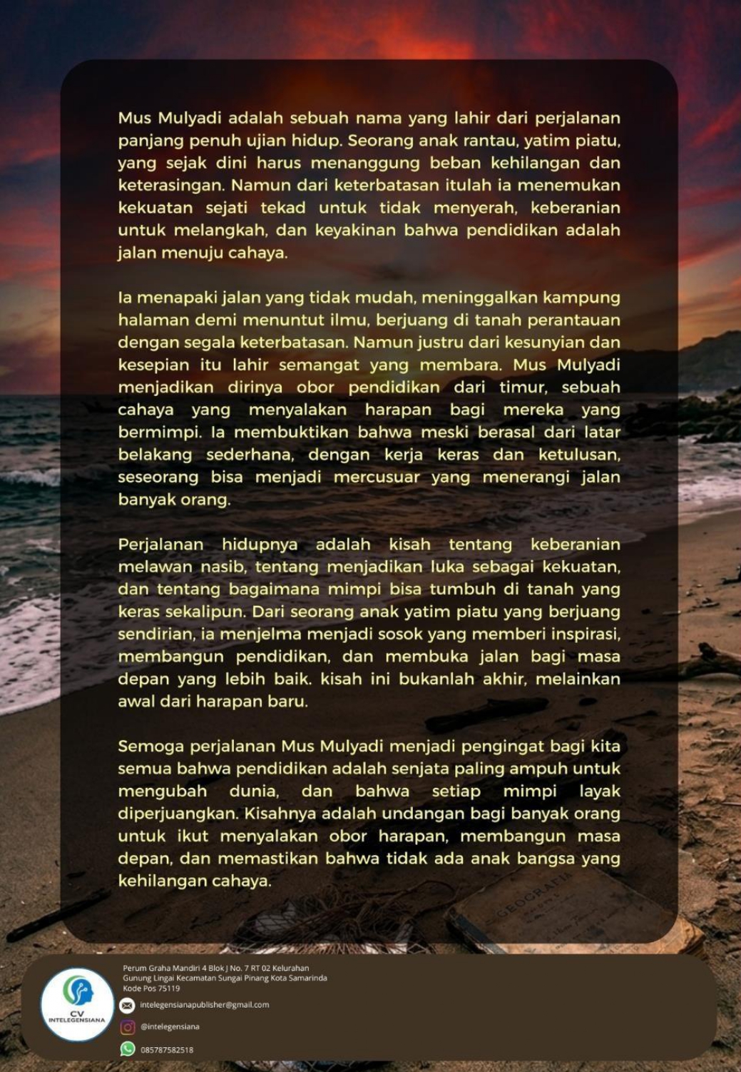 Sampul Belakang Mus Mulyadi: Obor Pendidikan dari Timur  Kisah Inspiratif Anak Kampung